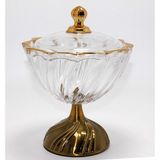 Özbience Şeffaf Kristal Cam Şekerlik, Gold Detaylı, Metal Ayaklı, 11X19X22 cm - Kestane Akaju - Seçenek 1