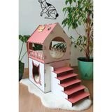 Özbience Sevimli Ahşap Kedi Evi, Teraslı, 2 Katlı, Merdivenli, Pembe-Beyaz - Antrasit