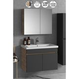 Özceden Çiğdem 80 cm Antrasit Gri Mat-Atlantik Çam Mdf Seramik Lavabolu Asma Banyo Dolabı Takımı - Atlantik Çam - Beyaz