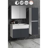 Özceden Çiğdem 80+35 cm Beyaz-Füme Balon Mdf Seramik Lavabolu Sepetli Asma Banyo Dolabı Takımı