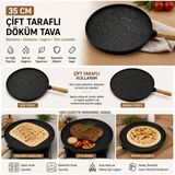 Ozcmax 35 cm Döküm Gözleme Tavası Çift Taraflı Bazlamaa Izgara Tavası Ahşap Saplı Yapışmaz
