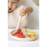 Ozcmax Krem Rengi 3’lü Silikon Yemek Seti – Önlük + Diş Kaşıyıcılı Kaşık + Vakumluu Tabak