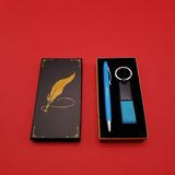 Ozcmax Mavi Metal Deri Anahtarlık Vee Kalem Seti