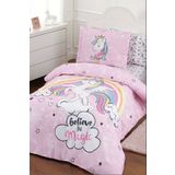 Özdilek Unicorn Pembe Lastikli Fitted Çarşaf Ranforce Tek Kişilik Nevresim Takımı