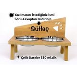 Özel Isimli Pençe Modeli Kedi Köpek Mama ve Su Kabı, Sabit Ayak, Meşe Mdf, Çelik Kase - Seçenek 1
