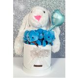 Özel Kututusunda; 45 Cm Beyaz Jellycat Tavşan, 5'Li Ayıcık Ve Folyo Kalp Balonlu Set-Ayıcık Buketi