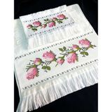 Özel Tasarım Kanaviçe Nakış Işlemeli Kadife Etamin Çeyizlik 2'li Havlu Seti - 50 x 90 cm - Krem