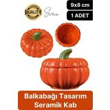 Özel Tasarım Kapaklı Seramik Turuncu Bal Kabağı Dekoratif Şekerlik Biber Saklama Kabı Kavanoz