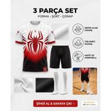 Özel Tasarım Kırmızı-Siyah Spider Desenli Çocuk Futbol Forma Seti (Forma + Şort + Çorap) 3 Parça Set - 6 - 7 Yaş - Kırmızı - Siyah - Beyaz