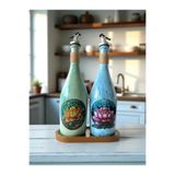 Özel Tasarım Lotus Çiçeği Desenli Sunum Stantlı 2'li 750 ml Zeytinyağı Sıvıyağ Şişesi Yağdanlık Yeşil Mavi