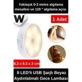 Özel Tasarım Mıknatıslı 3 Modlu Hareket Sensörlü 8 LED'li USB Şarjlı Beyaz Aydınlatmalı Gece Lambası