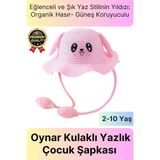Özel Tasarım Organik Hasır Güneş Koruyuculu 2-10 Yaş Hareket Eden Oynar Kulaklı Yazlık Çocuk Şapka