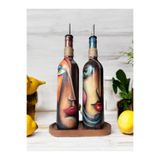 Özel Tasarım Renkli Yüz Desenli 750 Ml Zeytinyağı Sıvıyağ Şişesi, Yağdanlık, Yağlık, Sosluk 2'li Set Çok Renkli
