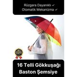 Özel Tasarım Rüzgara Dayanıklı Otomatik Model Fiber 16 Telli Gökkuşağı Desenli Baston Şemsiye 55cm