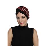 Özel Tasarım Siyah Bej-Bordo Pullu Fileli Etnik Desenli Astarlı Hazır Türban Tesettür Abiye Bone