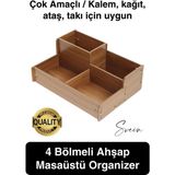 Özel Üretim 4 Bölmeli Masa Üstü Ahşap Kalem Kağıt Ataş Takı Organizeri Düzenleyici Kutu Ofis Masası - Kahve - Diğer