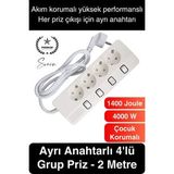 Özel Üretim 4'Lü Ayrı Anahtarlı 2 Metre Akım Korumalı Grup Priz 1400 Joule 4000W Çoklu Uzatma Kablo