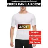 Özel Üretim Jinekomasti Dik Duruş Göbek Elastik Erkek Fanila Korse 2 Adet - 2XL - Beyaz