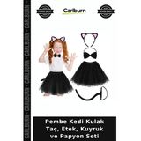 Özel Üretim Kostüm Parti Çocuk Eğlenceli Aksesuar Pembe Kedi Kulak Taç, Etek, Kuyruk Ve Papyon Seti