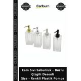 Özel Üretim Modern Banyo Lüks Cam Sıvı Sabunluk Buzlu Çizgili Desenli Şişe Renkli Plastik Pompa