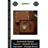 Özel Üretim Nostaljik Antika Geometrik Oymalı Tasarım Köstekli Zincirli Cep Saati Vintage Bronz