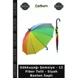 Özel Üretim Rengarenk Geniş Şık Günlük Gökkuşağı Şemsiye - 12 Fiber Telli - Siyah Baston Saplı