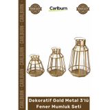Özel Üretim Şık Estetik Geometrik Lüks Modern Salon Antre Dekoratif Gold Metal 3'lü Fener Mumluk Set
