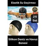 Özel Üretim Silikon Su Geçirmez Kaymaz Yüzücü Deniz ve Havuz Elastik Yüzme Şapkası Bonesi 2'li Set