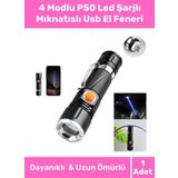 Özel Üretim Takma Aparatlı Dayanıklı Metal Alüminyum 4 Modlu P50 Led Şarjlı Mıknatıslı Usb El Feneri