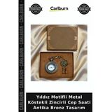 Özel Üretim Yıldız Motifli Metal Köstekli Zincirli Cep Saati - Antika Bronz Tasarım - Özel Kutulu