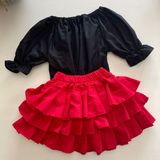 Özge Başaran Kız Çocuk, Kırmızı Fırfırlı Etek, Balon Kol Siyah Bluz, Kırmızı Bandana Set. 18-24 Ay - 1,5 - 2 Yaş