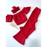 Özge Başaran Kız Çocuk Kırmızı Ispanyol Paça Tayt, Kırmızı Straplez Crop Bluz ve Saç Bandı Takımı. - 5 Yaş - 22-Kırmızı