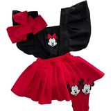 Özge Başaran Kız Çocuk Kırmızı Siyah Miki Mause Figürlü Pileli Salopet Bandana Çorap Set 12-18 Ay - 1 - 1,5 Yaş