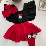 Özge Başaran Kız Çocuk Kırmızı Siyah Miki Mause Figürlü Pileli Salopet Bandana Çorap Set 9-12 Ay - 9 - 12 Ay