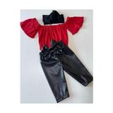 Özge Başaran Kız Çocuk, Likralı Deri Fiyonk Detaylı Pantolon, Kırmızı Straplez Crop Bluz ve Saç Bandı Takımı. - 6 Yaş - Ateş Kırmızı