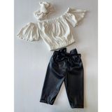 Özge Başaran Kız Çocuk, Likralı Deri Fiyonk Detaylı Pantolon, Krem Straplez Crop Bluz ve Saç Bandı Takımı. - Açık Krem - 1,5 - 2 Yaş