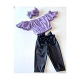 Özge Başaran Kız Çocuk, Likralı Deri Fiyonk Detaylı Pantolon, Lila Straplez Crop Bluz ve Saç Bandı Takımı. - 9 Yaş - Açık Lila