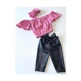 Özge Başaran Kız Çocuk, Likralı Deri Fiyonk Detaylı Pantolon, Pembe Straplez Crop Bluz ve Saç Bandı Takımı. - 8 Yaş - Koyu Pembe