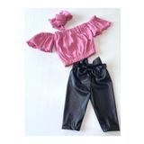 özge başaran Kız Çocuk, Likralı Deri Fiyonk Detaylı Pantolon, Pembe Straplez Crop Bluz Ve Saç Bandı Takımı.
