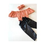Özge Başaran Kız Çocuk, Likralı Deri Fiyonk Detaylı Pantolon, Somon Rengi Straplez Crop Bluz ve Saç Bandı Takımı. - 9 - 12 Ay - Açık Somon