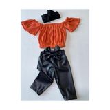 Özge Başaran Kız Çocuk, Likralı Deri Fiyonk Detaylı Pantolon, Turuncu Straplez Crop Bluz ve Saç Bandı Takımı. - 5 Yaş - Akça - Turuncu
