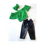 Özge Başaran Kız Çocuk, Likralı Deri Fiyonk Detaylı Pantolon, Yeşil Straplez Crop Bluz ve Saç Bandı Takımı. - 4 Yaş - 374-Yeşil