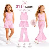 Özge Başaran Kız Çocuk Pembe Fiyonk Desenli Ribana 3’lü Takım Şort + Tayt + Bluz - 12 - 18 Ay