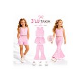 özge başaran Kız Çocuk Pembe Fiyonk Desenli Ribana 3’lü Takım Şort + Tayt + Bluz