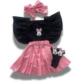 Özge Başaran Kız Çocuk Pembe Siyah Miki Mause Figürlü Pileli Salopet Bandana Çorap Set-6-9 Aydan 5 Yaşa Kadar - Açık Pembe - Siyah