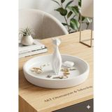 Özgürce Kedi Figürlü Takı ve Aksesuar Organizer, Dekoratif Tepsi, 16 cm - Ahşap - Beyaz