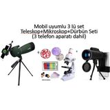 Özgürce Mobil Uyumlu 3'lü Teleskop, Mikroskop ve Dürbün Seti (3 Telefon Aparatı Dahil) - Ahşap - Seçenek 1