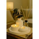 Özgürce Şık 5’li Dekoratif Set: Çizgili Vazo, Vanilya Kokulu Mum, Tealight ve Oda Kokusu - Ahşap - Beyaz - Seçenek 1