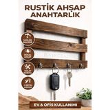 Özgürce Şık Duvar Anahtar Askısı, 4 Kanca, Dekoratif ve Fonksiyonel Tasarım - Seçenek 1 - Ahşap - Ceviz