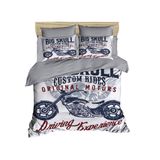 OZINCI DecoMood Benzersiz Tasarım 3D Motosiklet Nevresim Takımı, Vintage Motosiklet Temalı Yorgan/Nevresim Takımı, Gri Beyaz, 4 Parça, Queen Boy (Queen)
